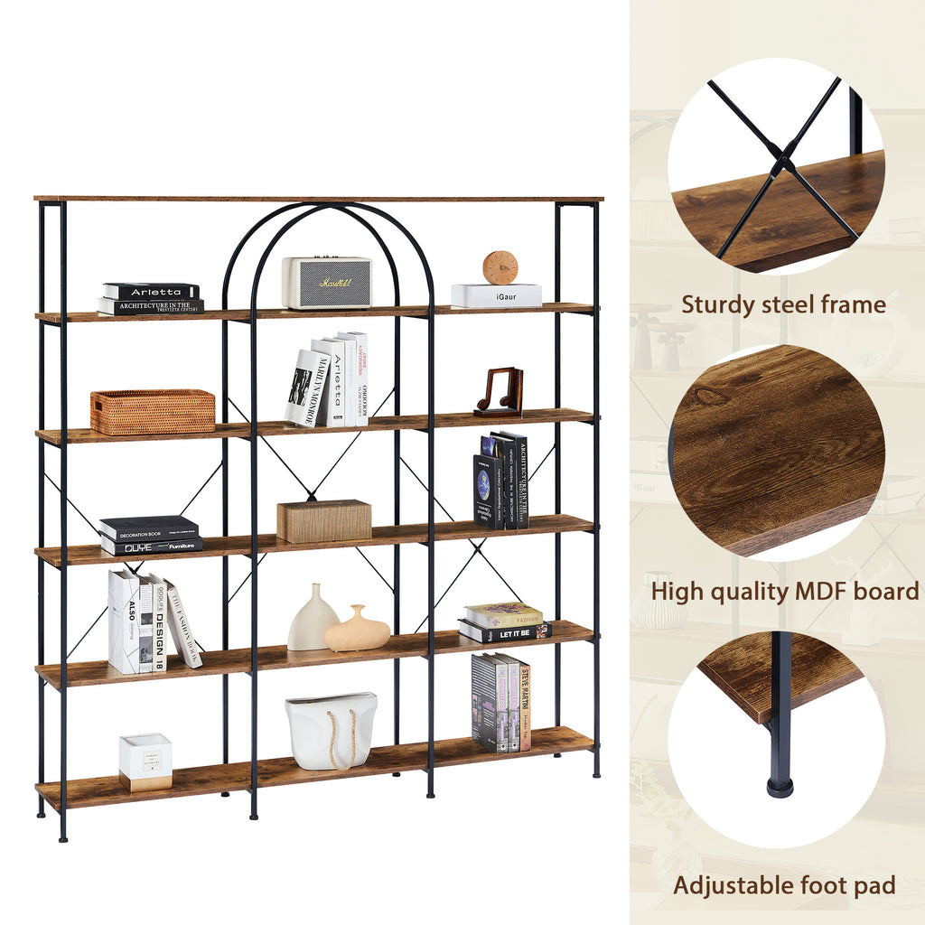 Leoglint 6 Tier Bookcase Home Office Open Bookshelf, Vintage Industrial Style Shelf with Metal Frame, MDF Board, Brown