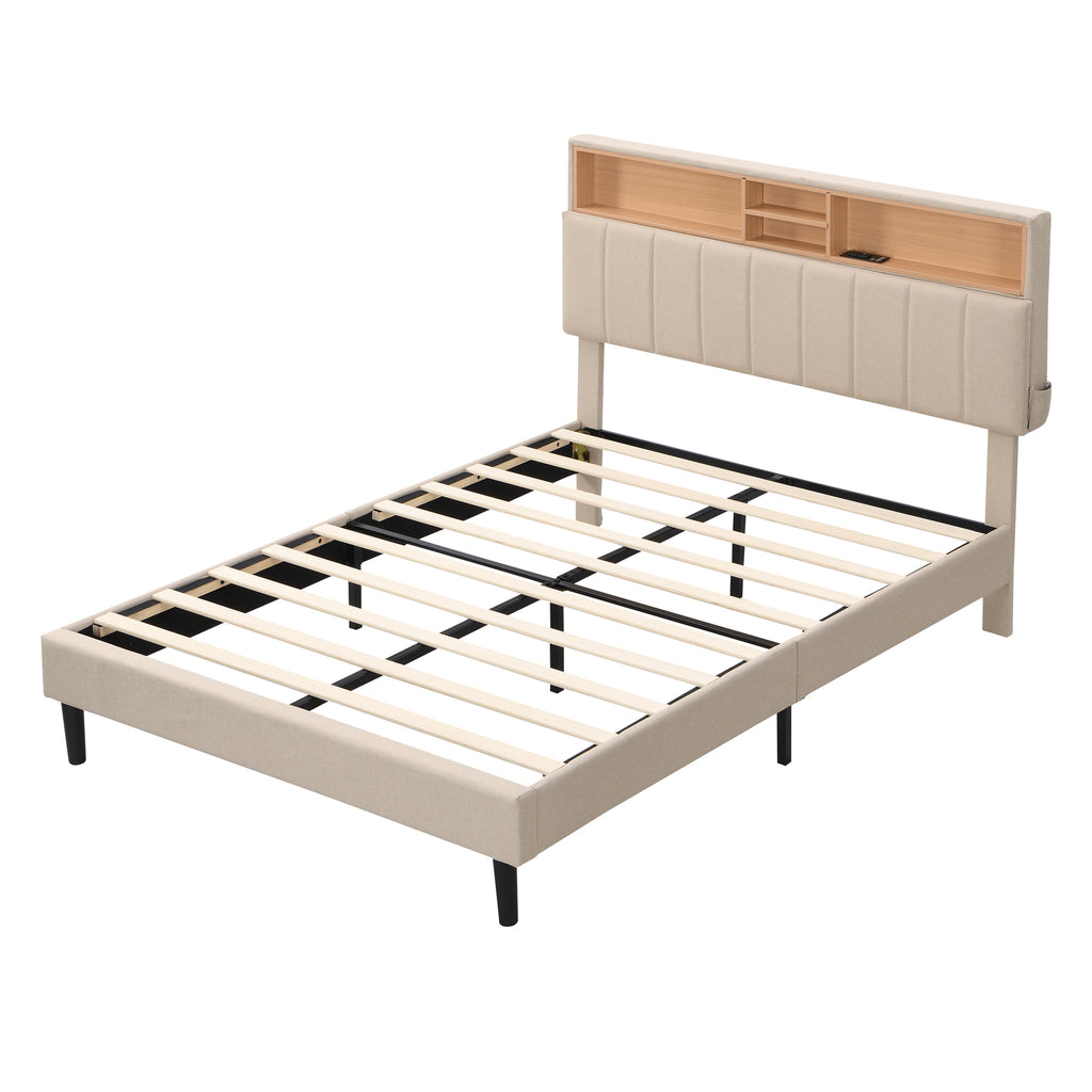 Leoglint Full size Upholstered Platform Bed with Storage Headboard and USB Port,  Linen Fabric Upholstered Bed (Beige)