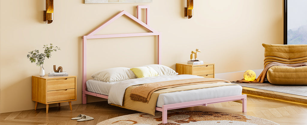 Leoglint Bed Frame Full Size Metal Platform Bed with House-Shaped Headboard Design, Pink