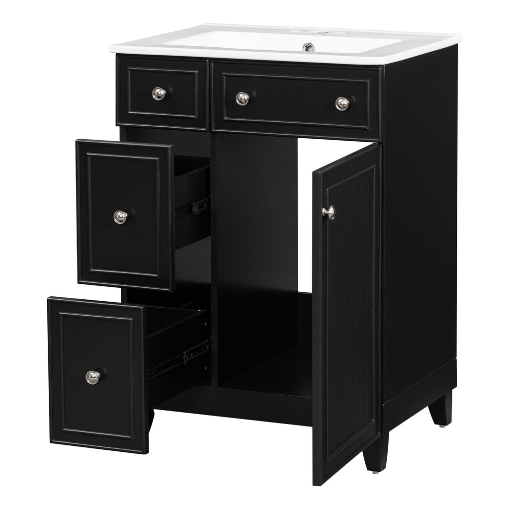 Leoglint 24-Inch Bathroom Vanity Cabinet with Ceramic Sink, 2 Drawers, 1 Door