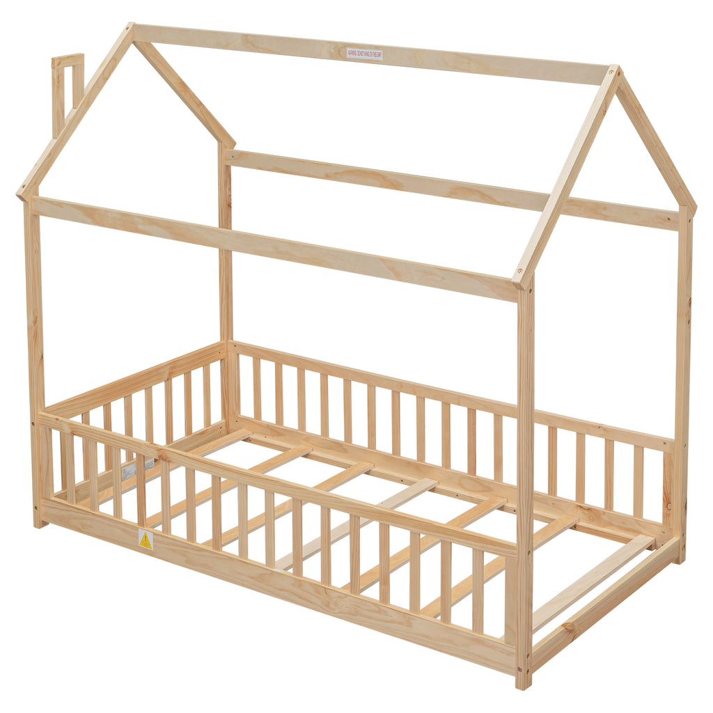 Twin House Bed Frame with Guardrails, Slats ,Natural