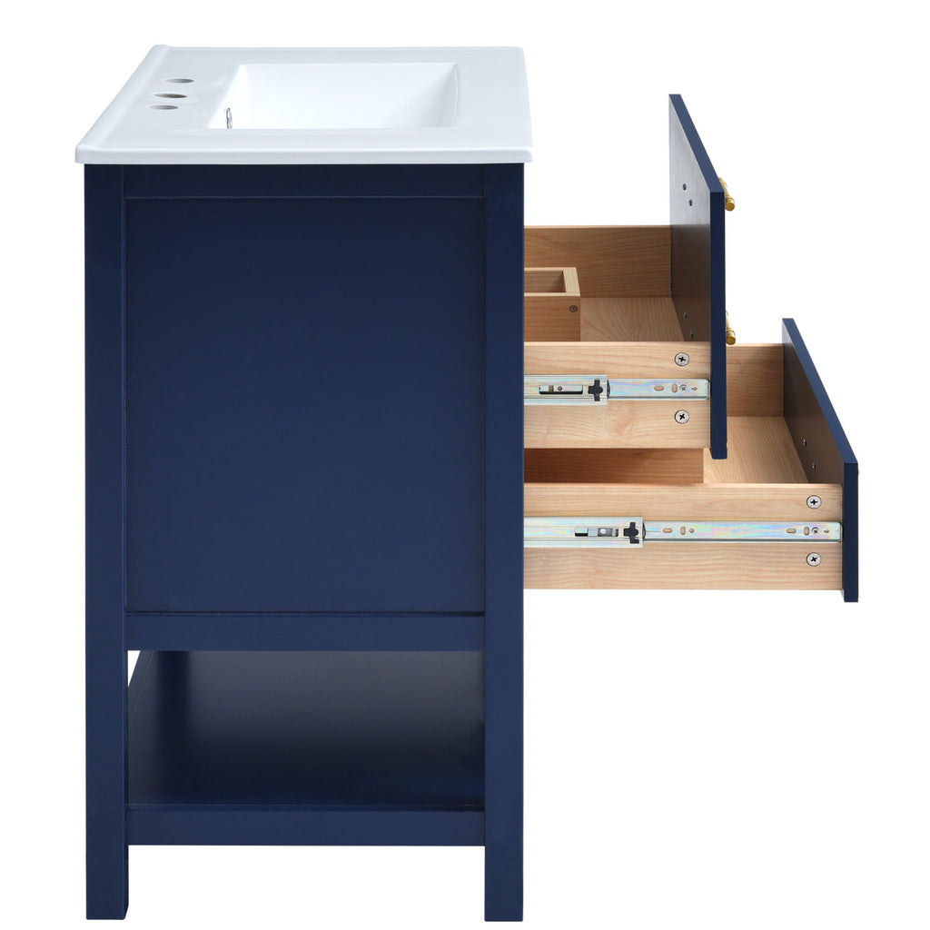 Leoglint [Viedo]Modern 30inch Navy Blue/White Bathroom Vanity Cabinet Combo with OpenStorge, Two Drawers