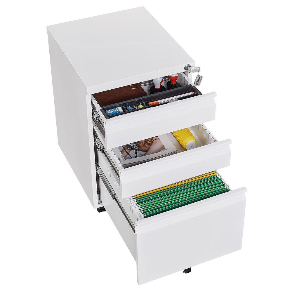 Leoglint 3-Drawer Mobile File Cabinet with Lock, Office Storage Filing Cabinet for Legal/Letter Size, Pre-Assembled Metal File Cabinet Except Wheels Under Desk(White)