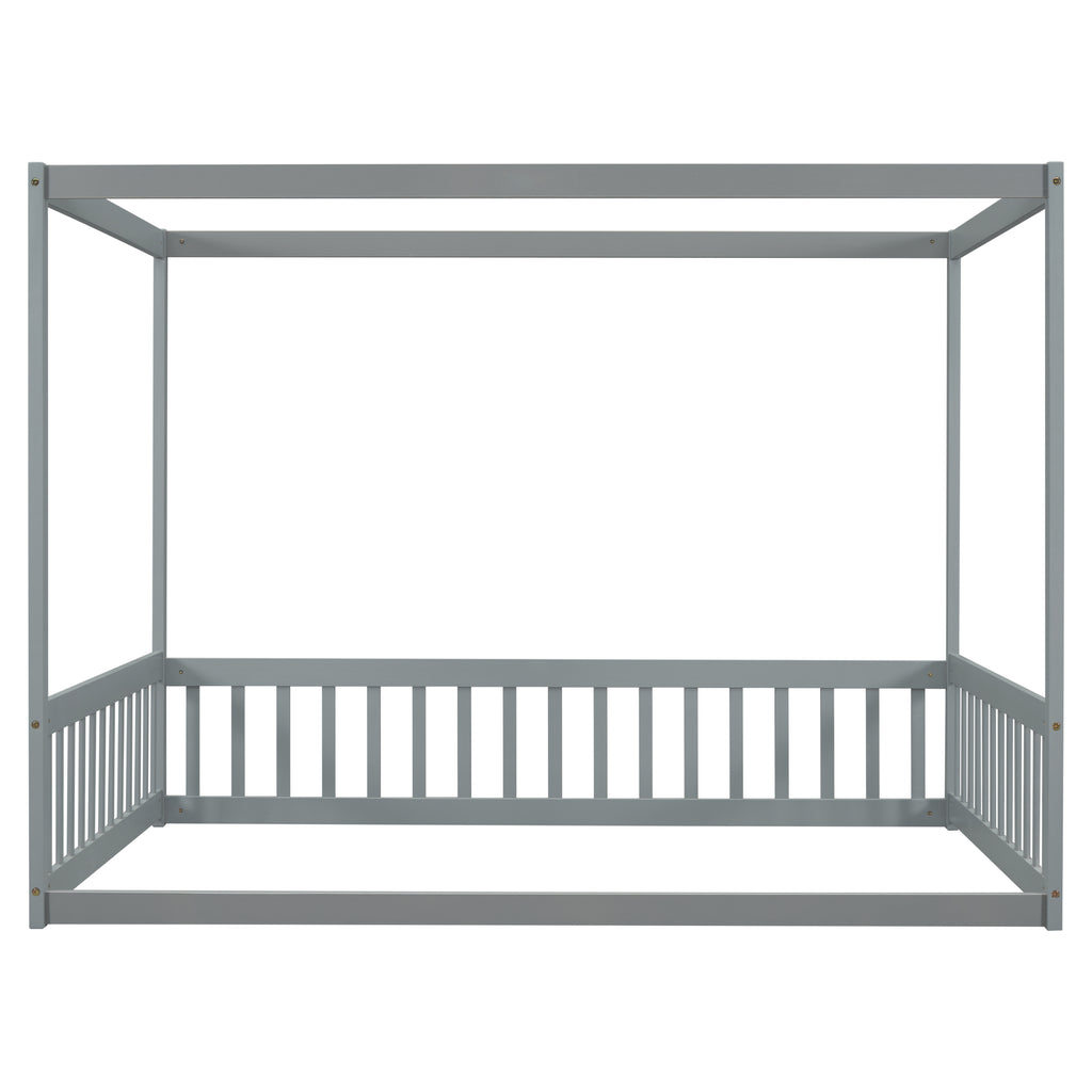 Leoglint Bed Frame Full Size Canopy Frame Floor Bed with Fence, Guardrails,Grey