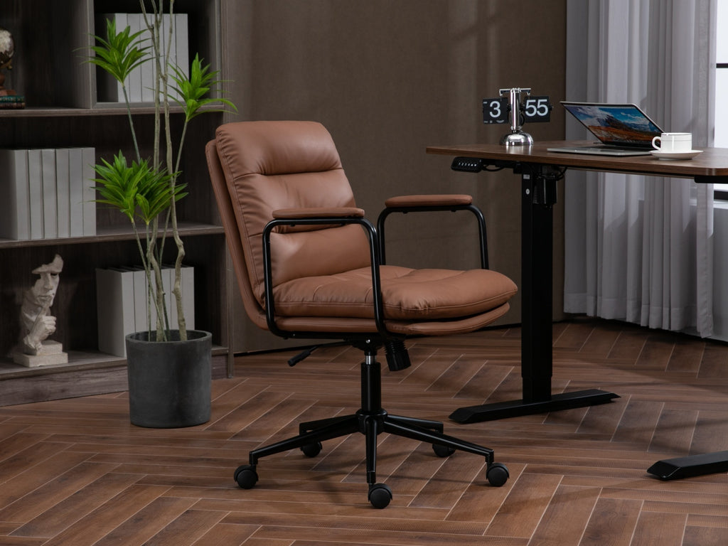 Leoglint Office Chair,Mid Back Home Office Desk Task Chair with Wheels and Arms Ergonomic PU Leather Computer Rolling Swivel Chair with Padded Armrest,The back of the chair can recline 40° (Brown)