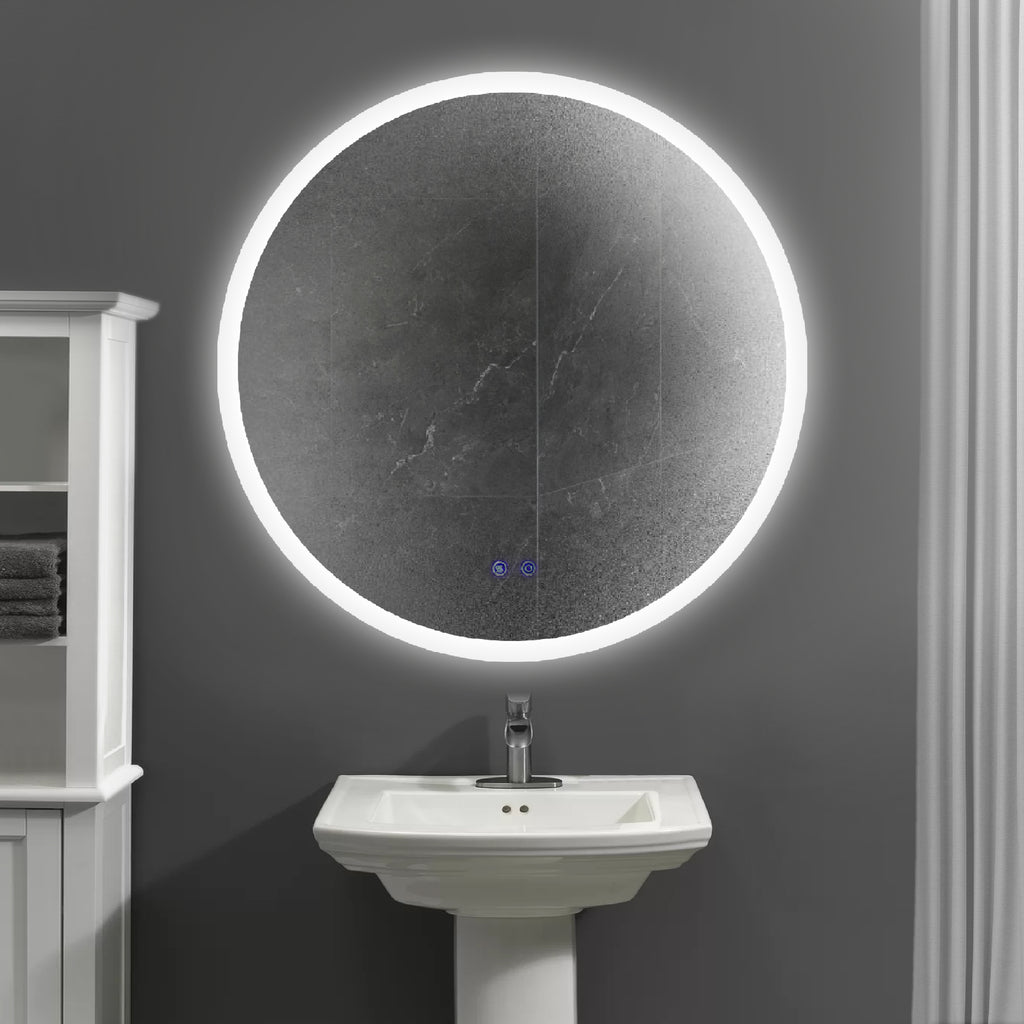 Leoglint 32 x 32 Inch Round Frameless LED Illuminated Bathroom Mirror, Touch Button Defogger, Metal, Silver