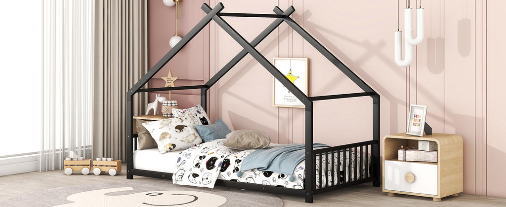 Leoglint Twin Size Metal House Bed Frame, Black