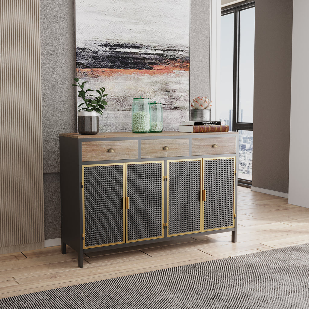 Leoglint 48" Wide  4 Doors Modern Sideboard with 3 Top Drawers, Freestanding Sideboard Storage Cabinet Entryway Floor Cabinet for Living Room Office Bedroom