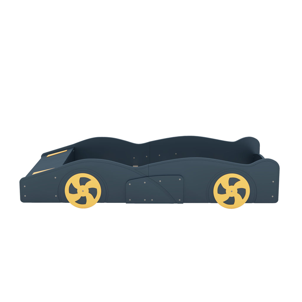 Leoglint Twin Size Race Car-Shaped Platform Bed Frame with Wheels and Storage, Dark Blue+Yellow