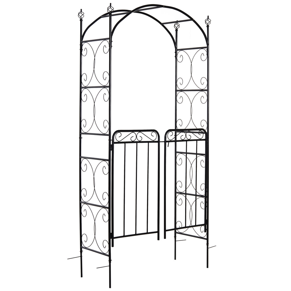 Leoglint 84" Garden Trellis Arch Arbor with Gate, Metal Arch Trellis, Garden Archway for Climbing Vines, Wedding Ceremony Decoration, Flourishes & Arrow Tips, Black