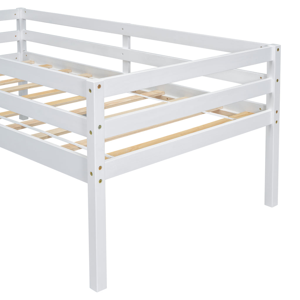 Twin Low Loft Bed Frame with Slide,  Ladder, Safety Guardrails, No Box Spring Needed,White