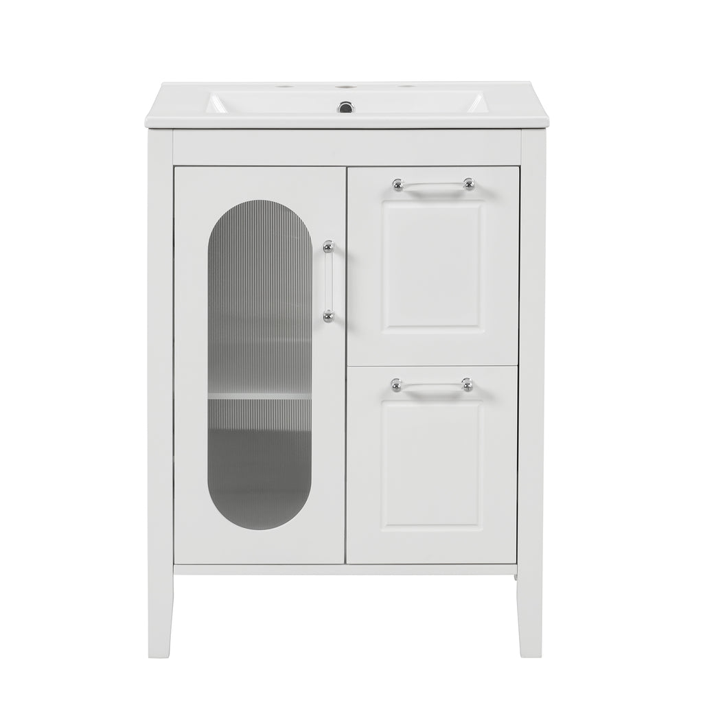 Leoglint 24" Bathroom Vanity with Sink, Bathroom Vanity Cabinet with Two Drawers and Door, Adjustable Shelf, Solid Wood and MDF, White