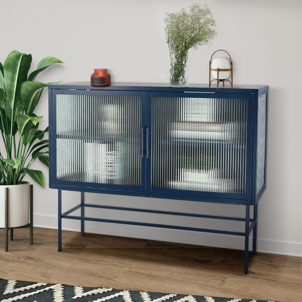 Leoglint Double Door Tempered Glass Sideboard Console Table with 2 Fluted Glass Doors Adjustable Shelf and Feet Anti-Tip Dust-free Kitchen Credenza Cabinet Blue