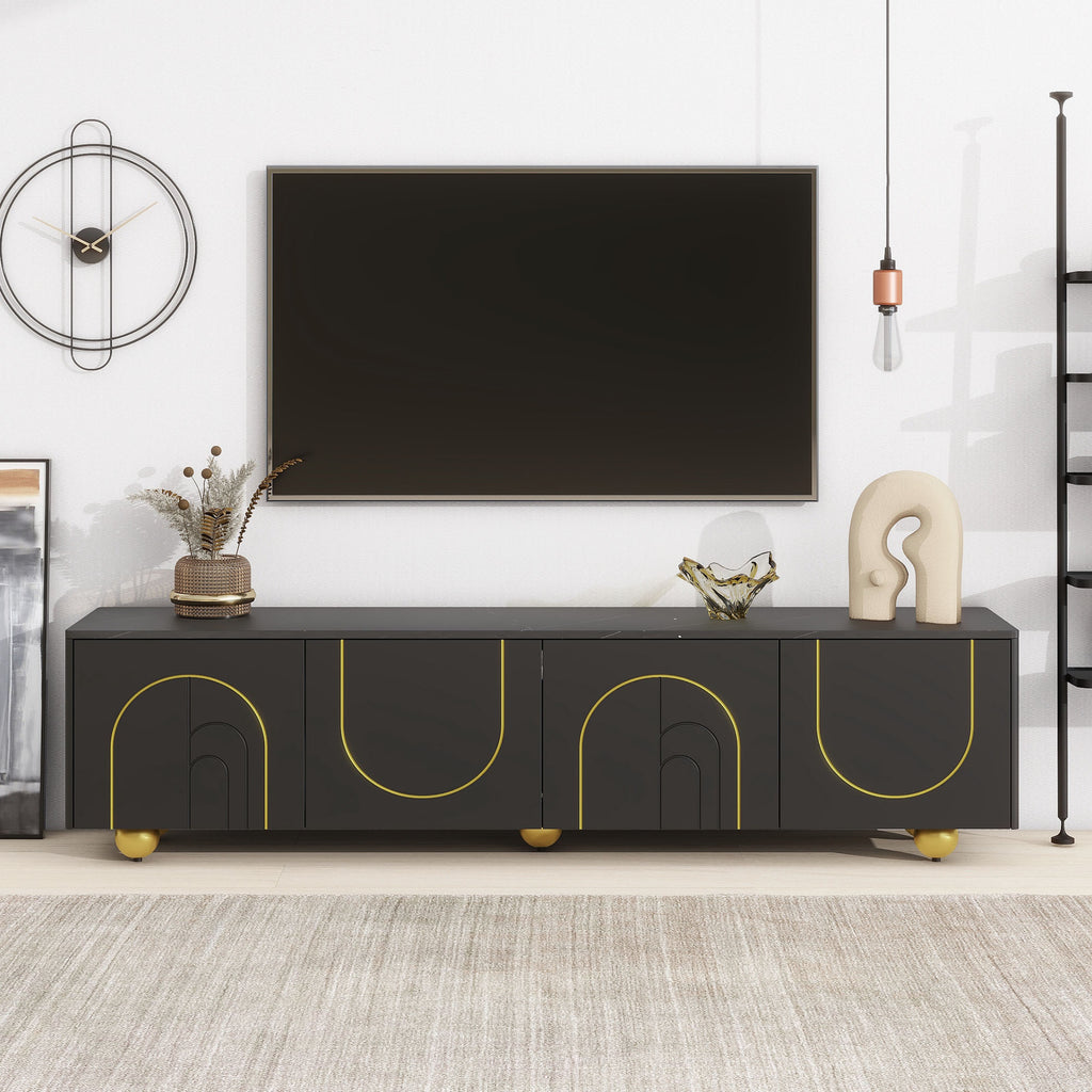 Leoglint U-Can Modern TV Stand for TVs up to 75 Inches, Entertainment Center with Storage Cabinets and 1 Adjustable Shelf, Media Console with Marble-patterned Top and Golden Round Metal Legs for Living room