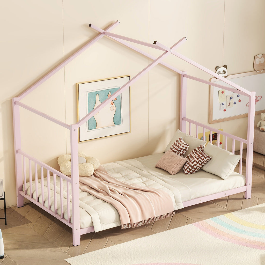 Leoglint Twin Size Metal House Platform Bed Frame, Pink