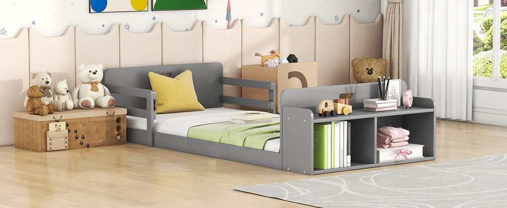 Leoglint Twin Size Floor Bed Frame with Storage Footboard and Guardrail, Grey