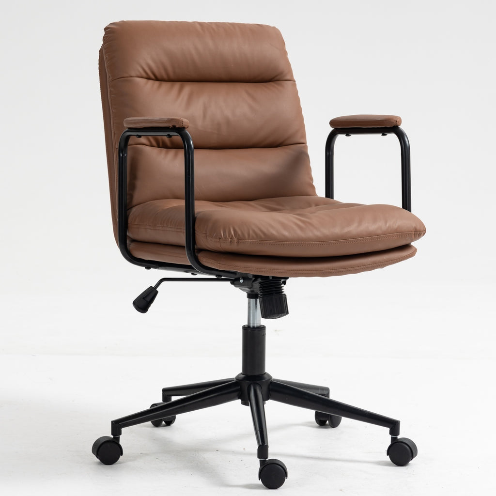 Leoglint Office Chair,Mid Back Home Office Desk Task Chair with Wheels and Arms Ergonomic PU Leather Computer Rolling Swivel Chair with Padded Armrest,The back of the chair can recline 40° (Brown)