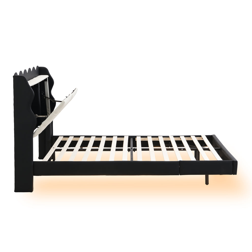 Leoglint Full Size Upholstery Platform Bed Frame with LED Light Strips and Built-in Storage Space,Black