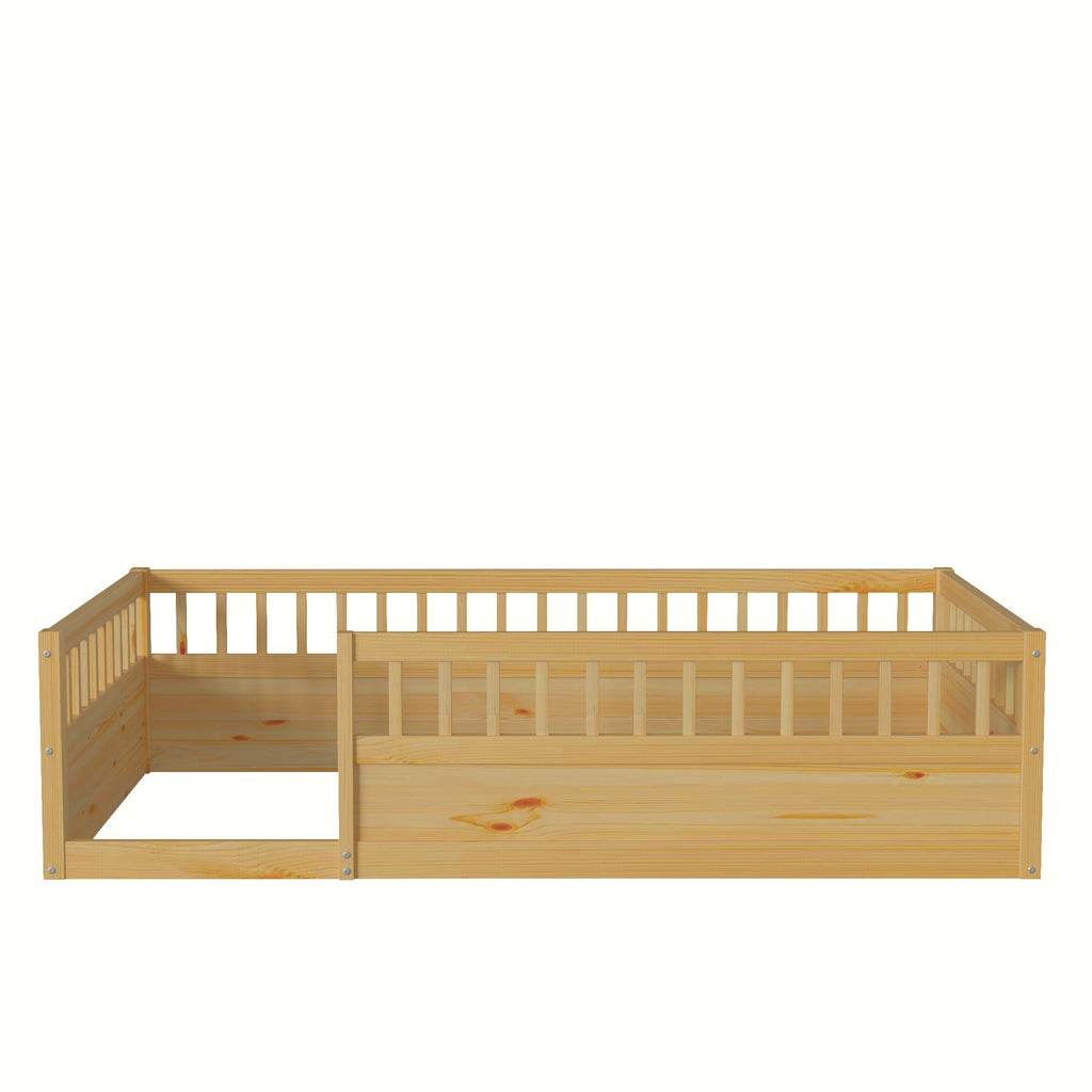 Twin Floor Bed Frame with Fence, Wood Kids Floor Beds Frame for Bedroom Playroom,Natural(Expect arrive date Jun. 21st)