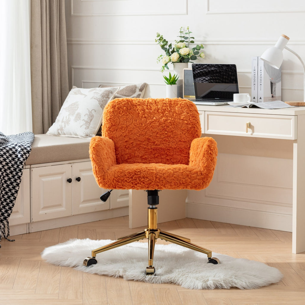 Leoglint A&A Furniture Office Chair,Artificial rabbit hair Home Office Chair with Golden Metal Base,Adjustable Desk Chair Swivel Office Chair,Vanity Chair(Orange)