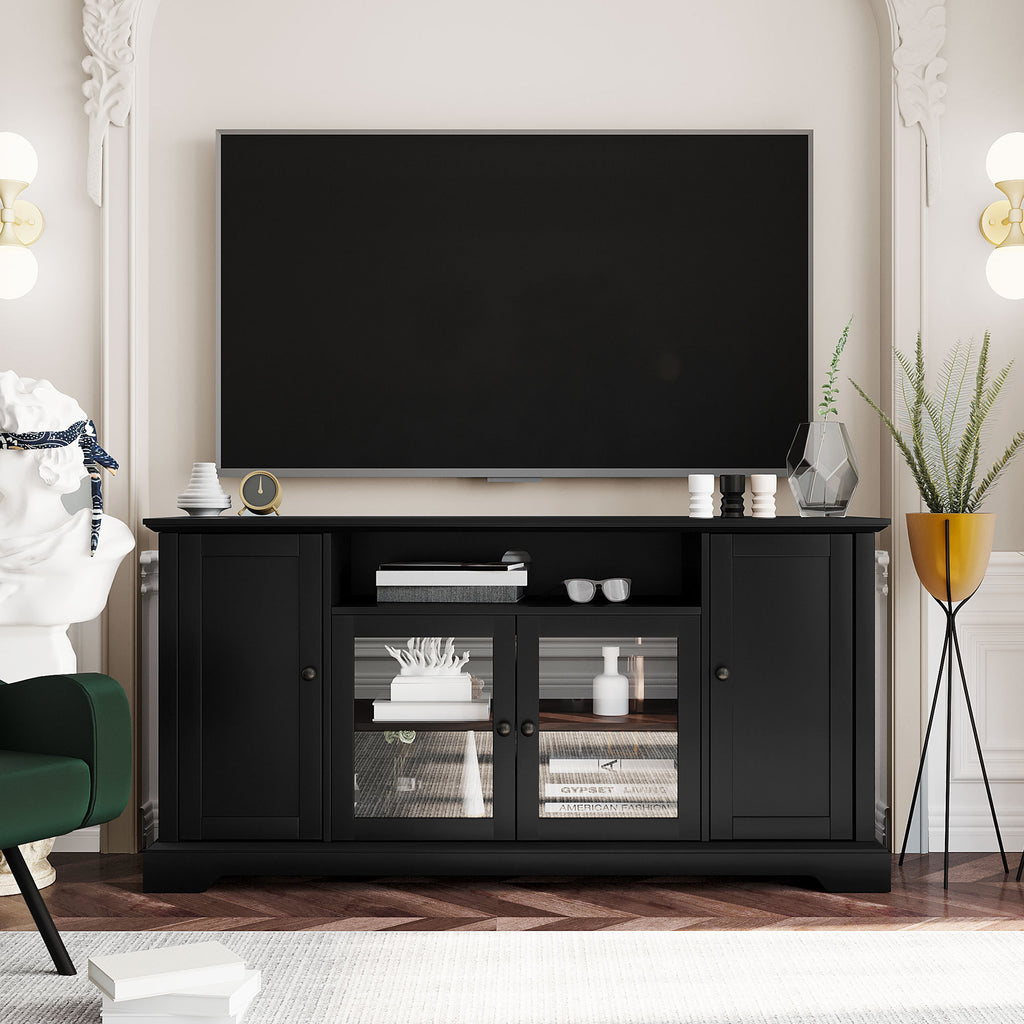 Leoglint U-Can TV Stand for TV up to 65in with 2 Tempered Glass Doors Adjustable Panels Open Style Cabinet, Sideboard for Living room, Black