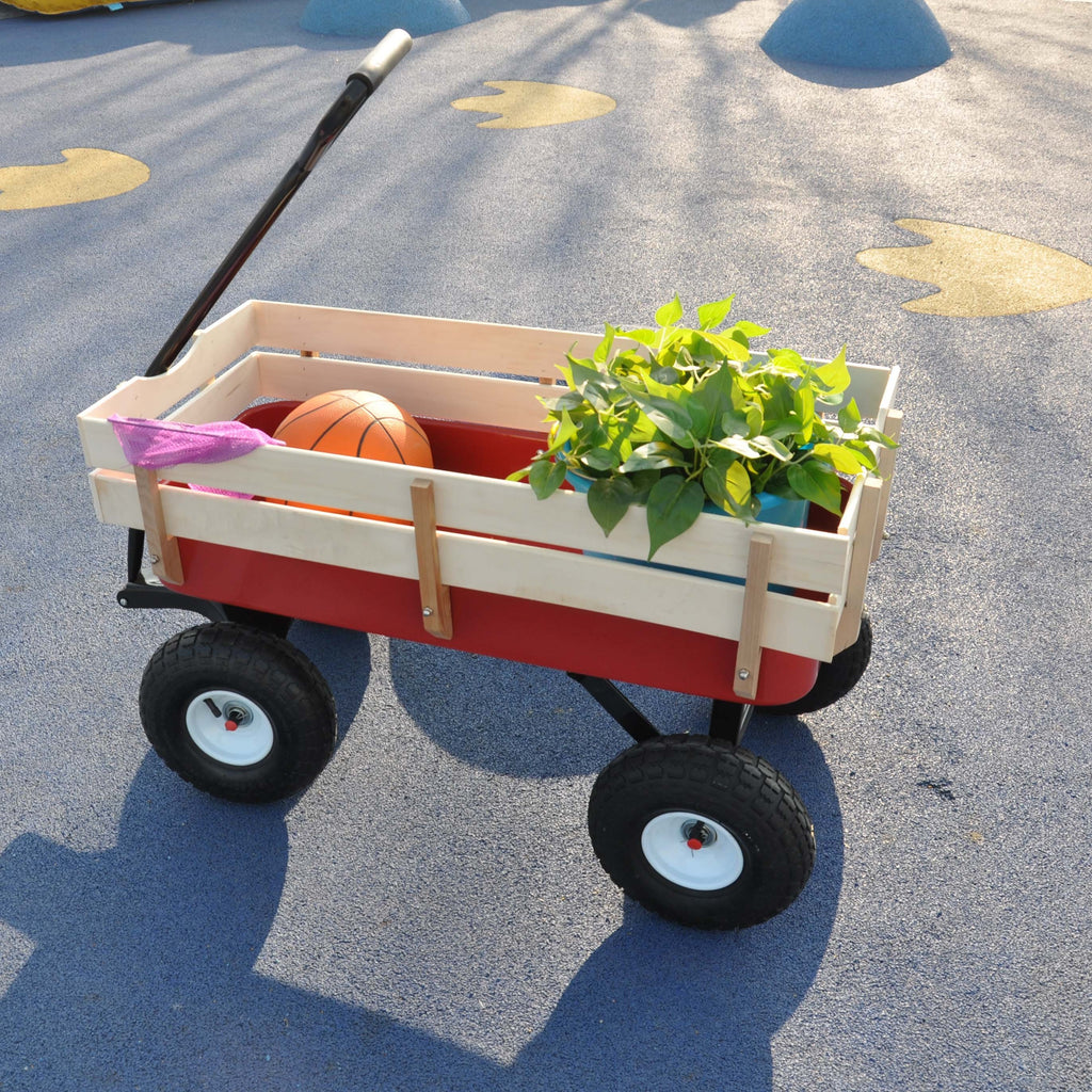 Leoglint Outdoor Wagon All Terrain Pulling Wood Railing Air Tires  Garden cart (Red+white)