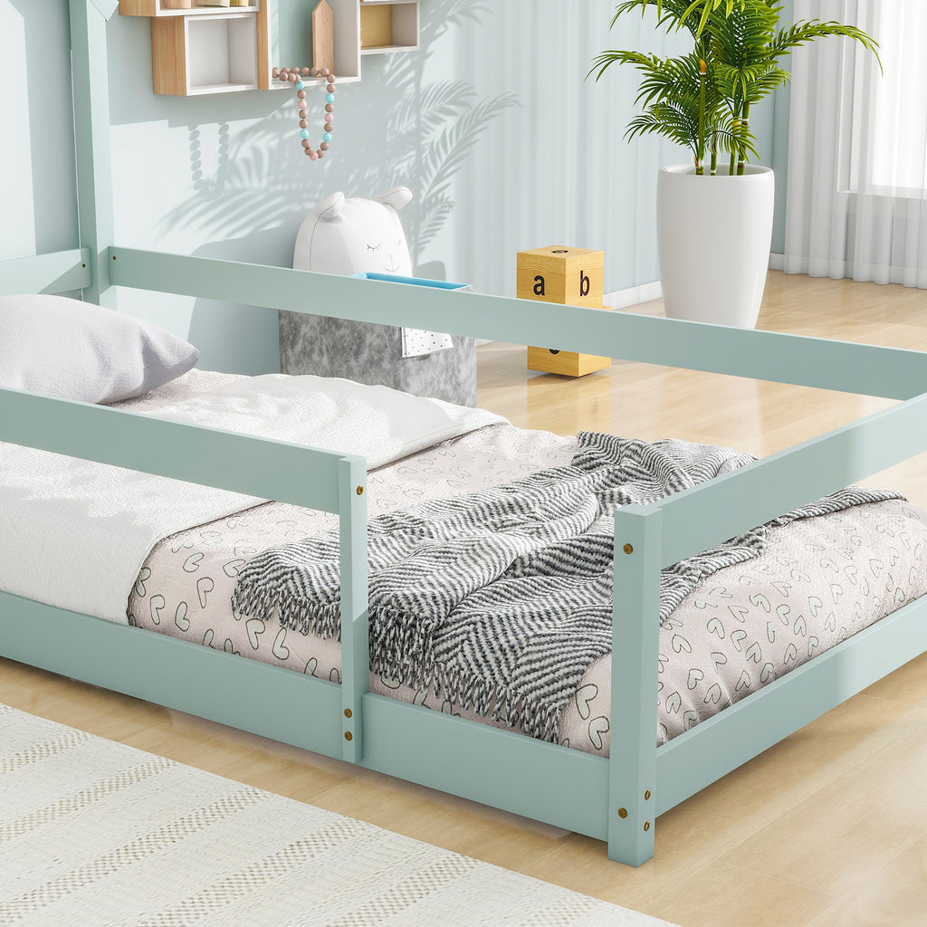 Leoglint Twin Size Wood bed frame with House-shaped Headboard Floor bed with Fences,Light Green