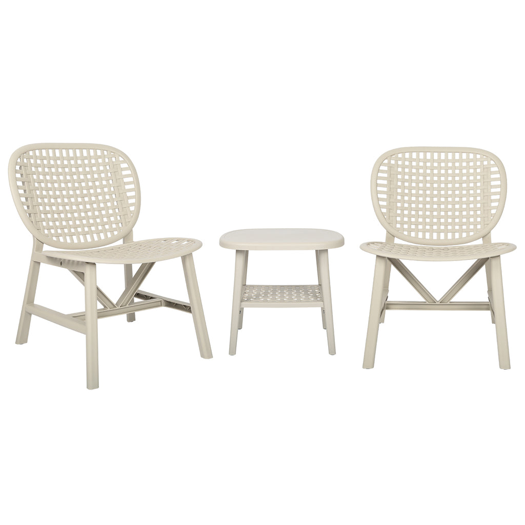 Leoglint 3 Pieces Hollow Design Retro Patio Table Outdoor Chair Set All Weather Conversation Bistro Set Outdoor Table with Open Shelf and Lounge Chairs with Widened Seat for Balcony Garden Yard White