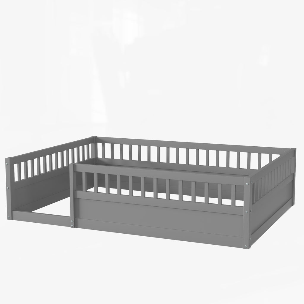 Leoglint Full Floor Bed Frame with Fence, Wood Kids Floor Beds Frame for Bedroom Playroom,Gray(Expect arrive date Jul. 10th)