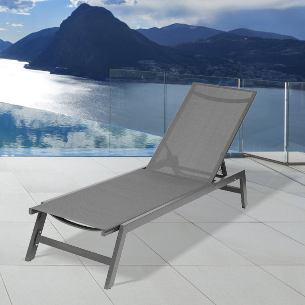 Leoglint Chaise Lounge Outdoor Chair,Five-Position Adjustable Aluminum Recliner,All Weather For Patio,Beach,Yard, Pool(Grey Frame/Dark Grey Fabric)