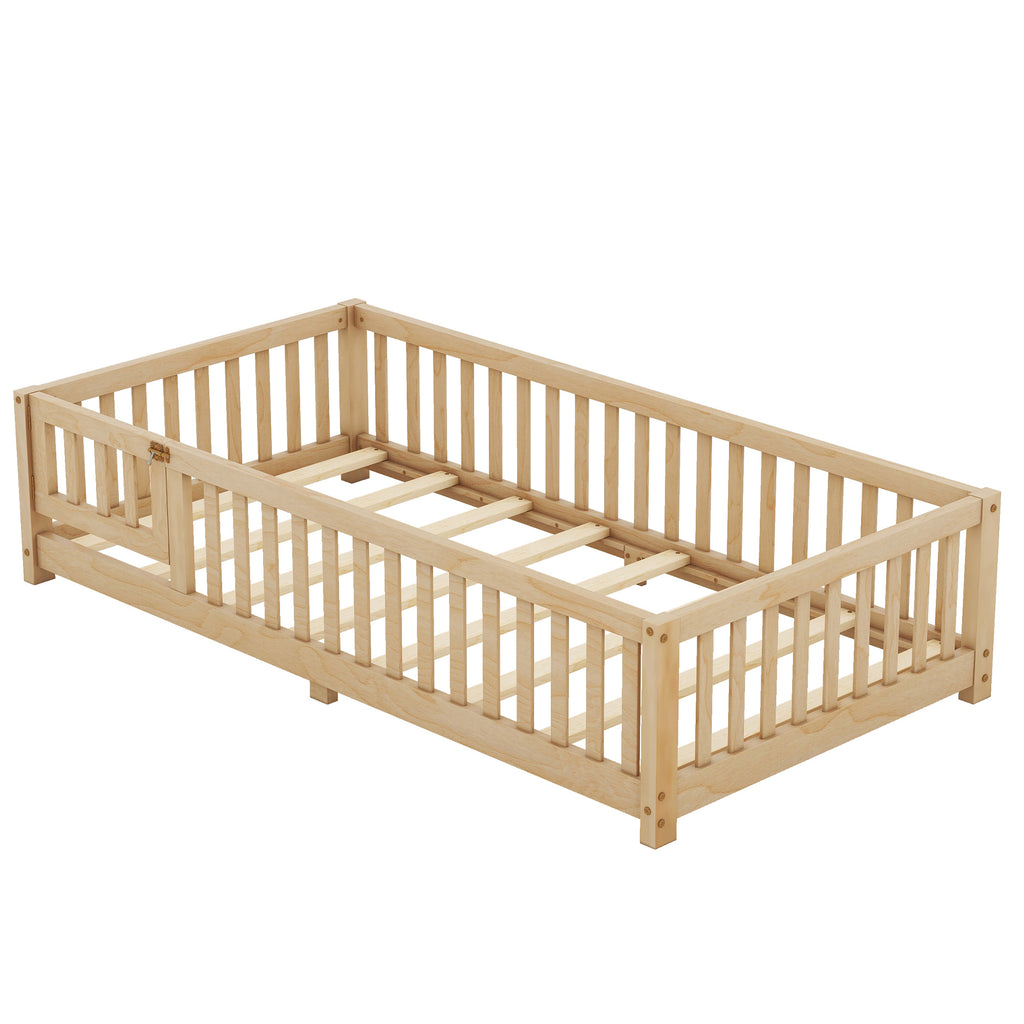 Leoglint Twin Size Bed Floor Bed Frame with Safety Guardrails and Door for Kids, Natural(Old SKU: W158090686)