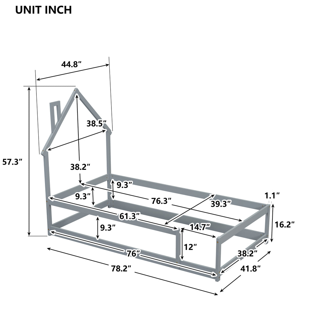 Twin Size Wood bed Frame with House-shaped Headboard Floor bed with Fences,Grey