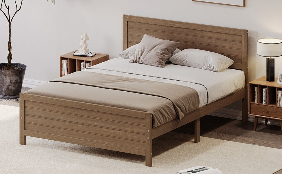 Leoglint Wood Platform Bed Frame with Headboard, Mattress Foundation with Wood Slat Support, No Box Spring Needed, Queen Size, Walnut