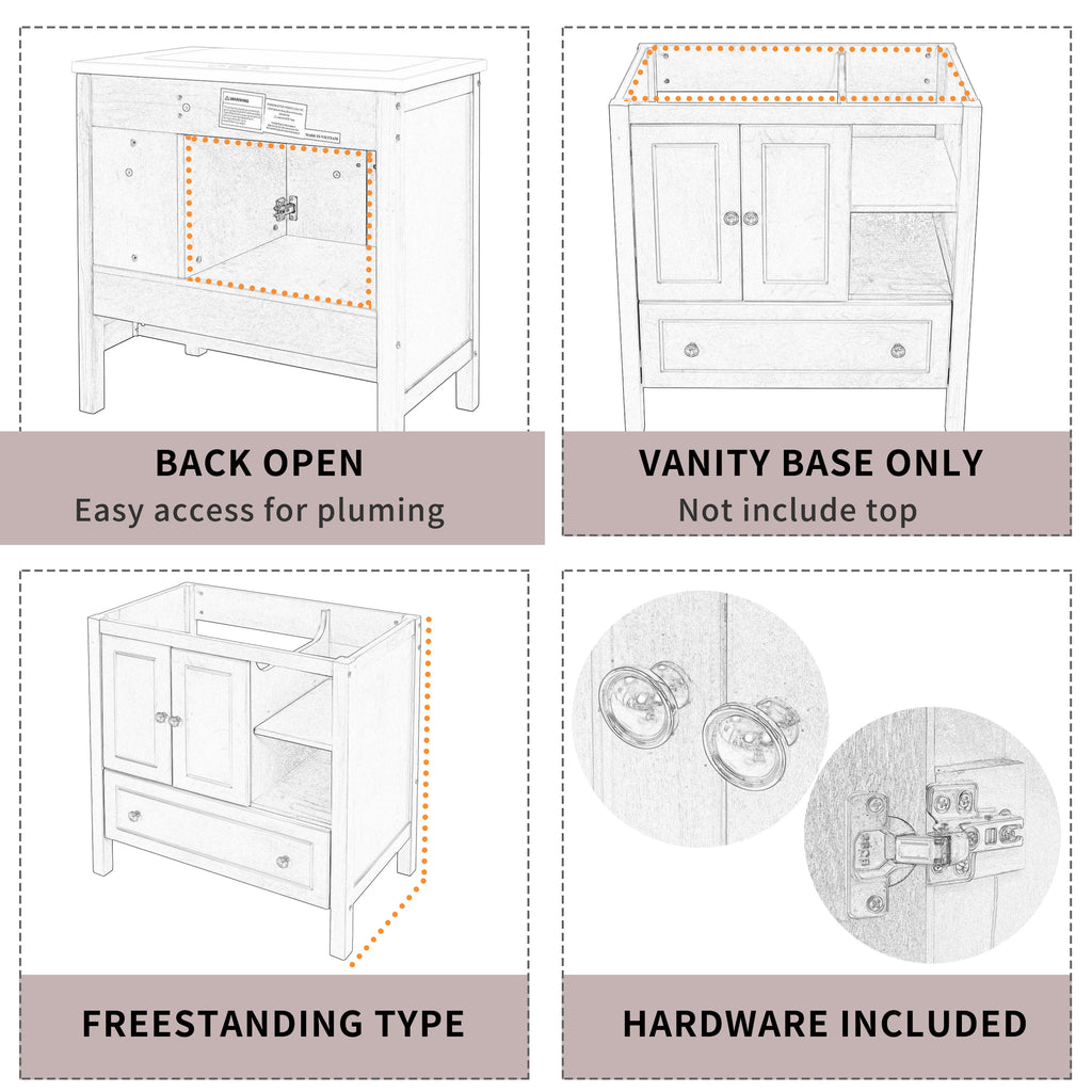 Leoglint 30" Bathroom Vanity Base Only, Solid Wood Frame, Bathroom Storage Cabinet with Doors and Drawers, Brown