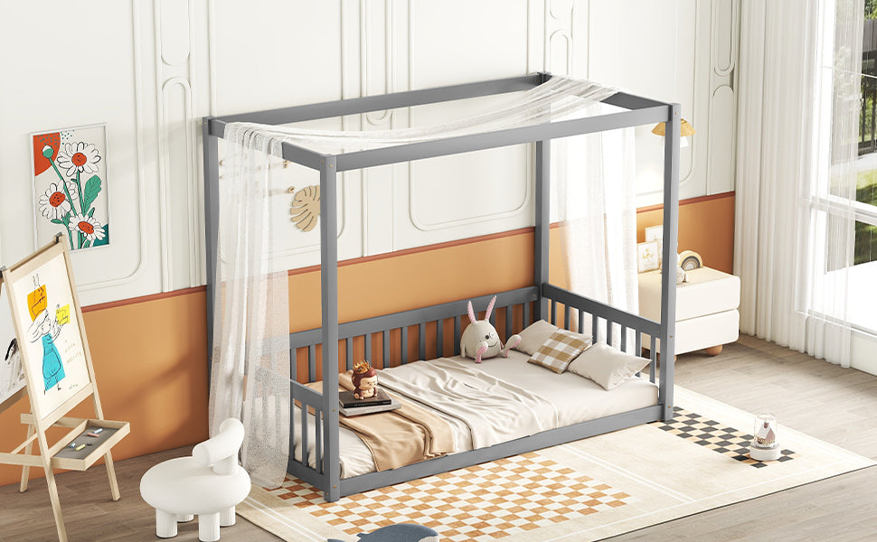 Leoglint Twin Size Canopy Frame Floor Bed Frame with Fence, Guardrails,Grey