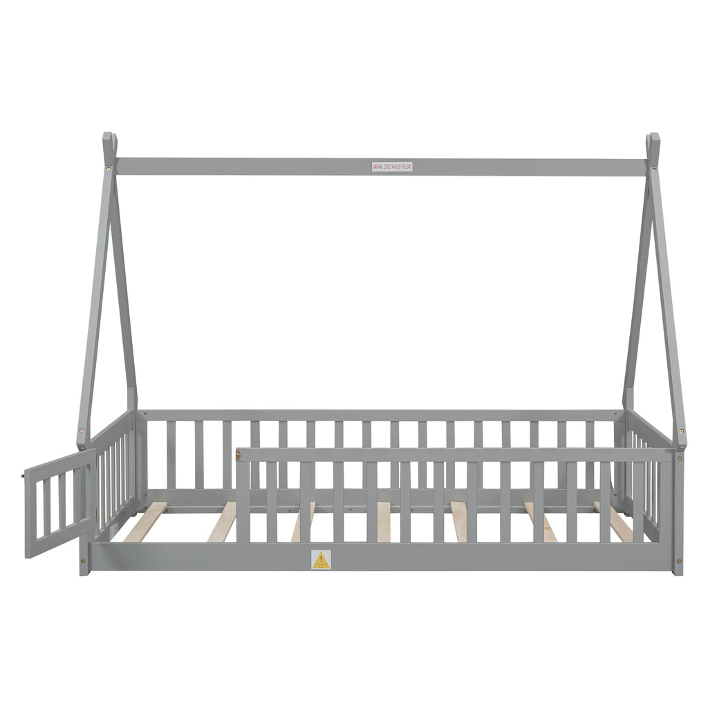 Leoglint Twin Tent-shaped Floor Bed Frame, with Guardrails, Slats, Door ,Grey