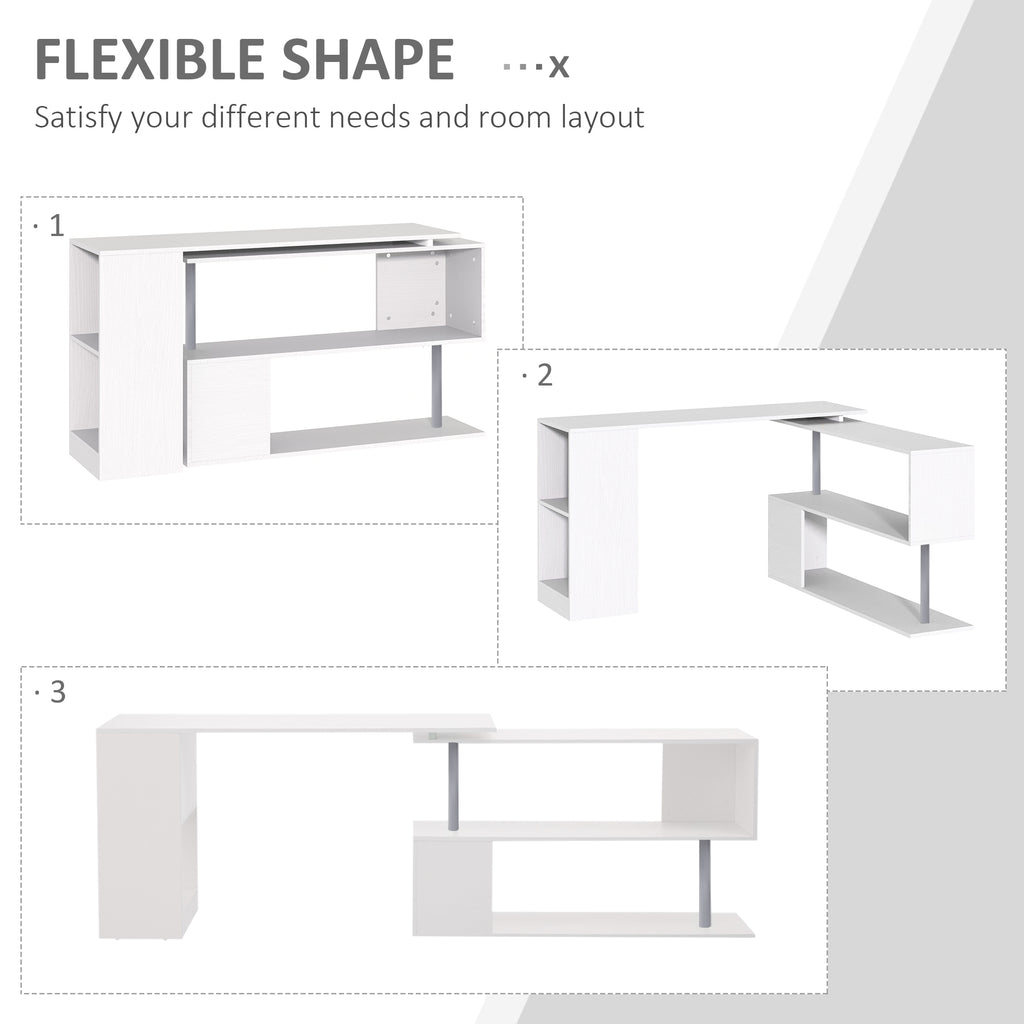 Leoglint 55" 360° Rotating Corner Computer Desk Modern L-Shaped Home Office Workstation with 3-Tier Storage Shelves, Bookshelf, White