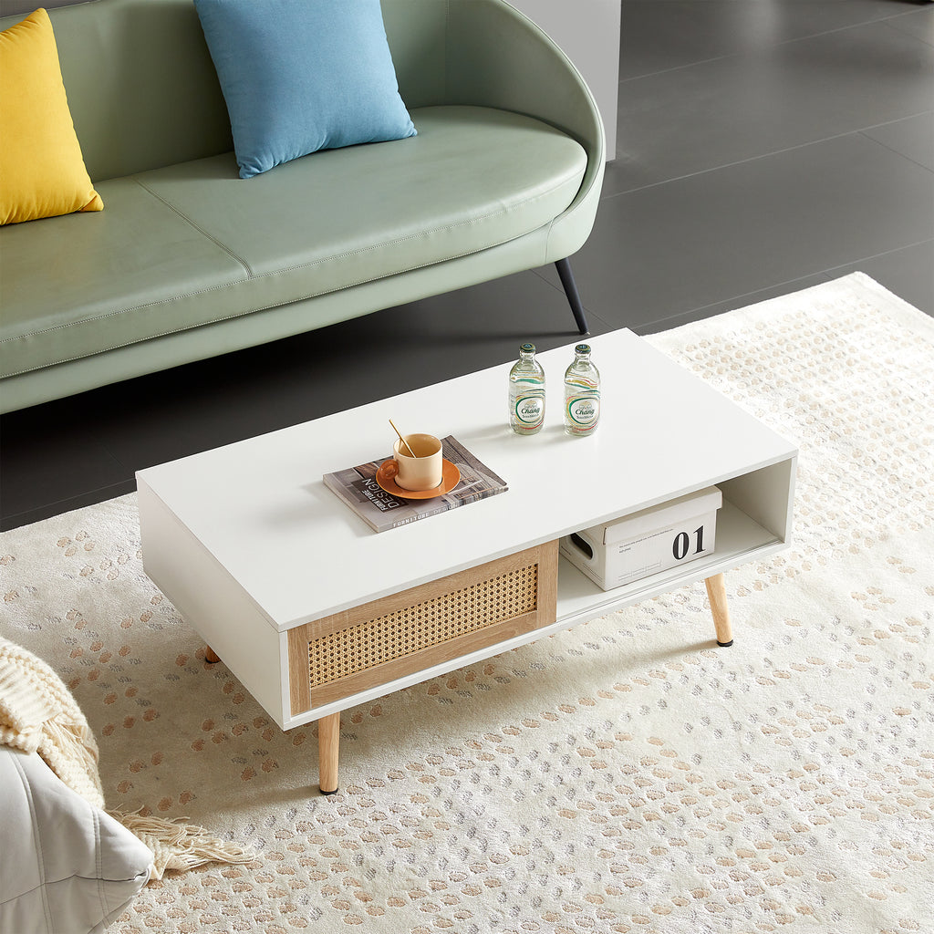 Leoglint 41.34" Rattan Coffee table, sliding door for storage, solid wood legs, Modern table  for living room ,White