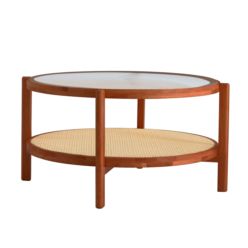 Leoglint Modern minimalist circular double-layer solid wood coffee table, craft glass tabletop, second layer material: PE rattan, solid wood frame. 34.6 '* 34.6' * 17.7''