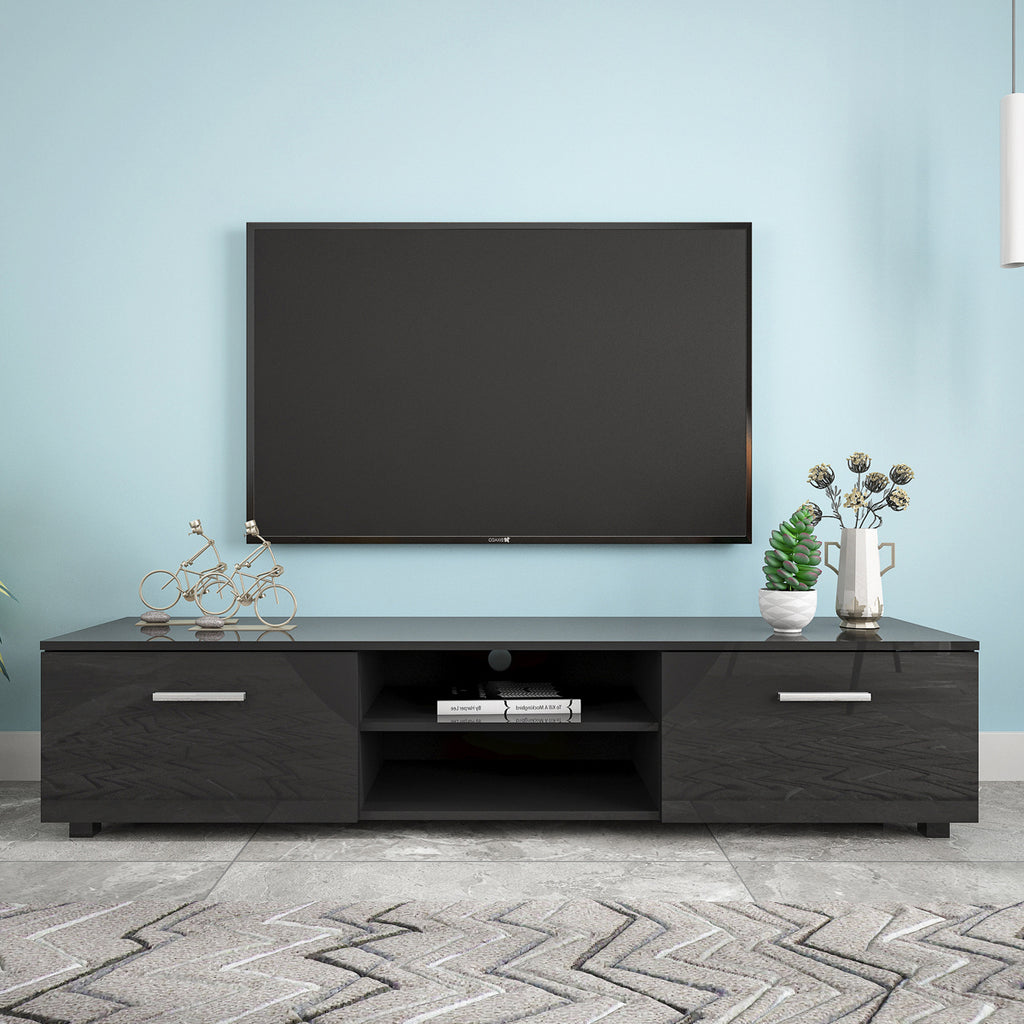 Leoglint Black TV Stand for 70 Inch TV, Media Console Entertainment Center Television Table, 2 Storage Cabinet with Open Shelves for Living Room Bedroom