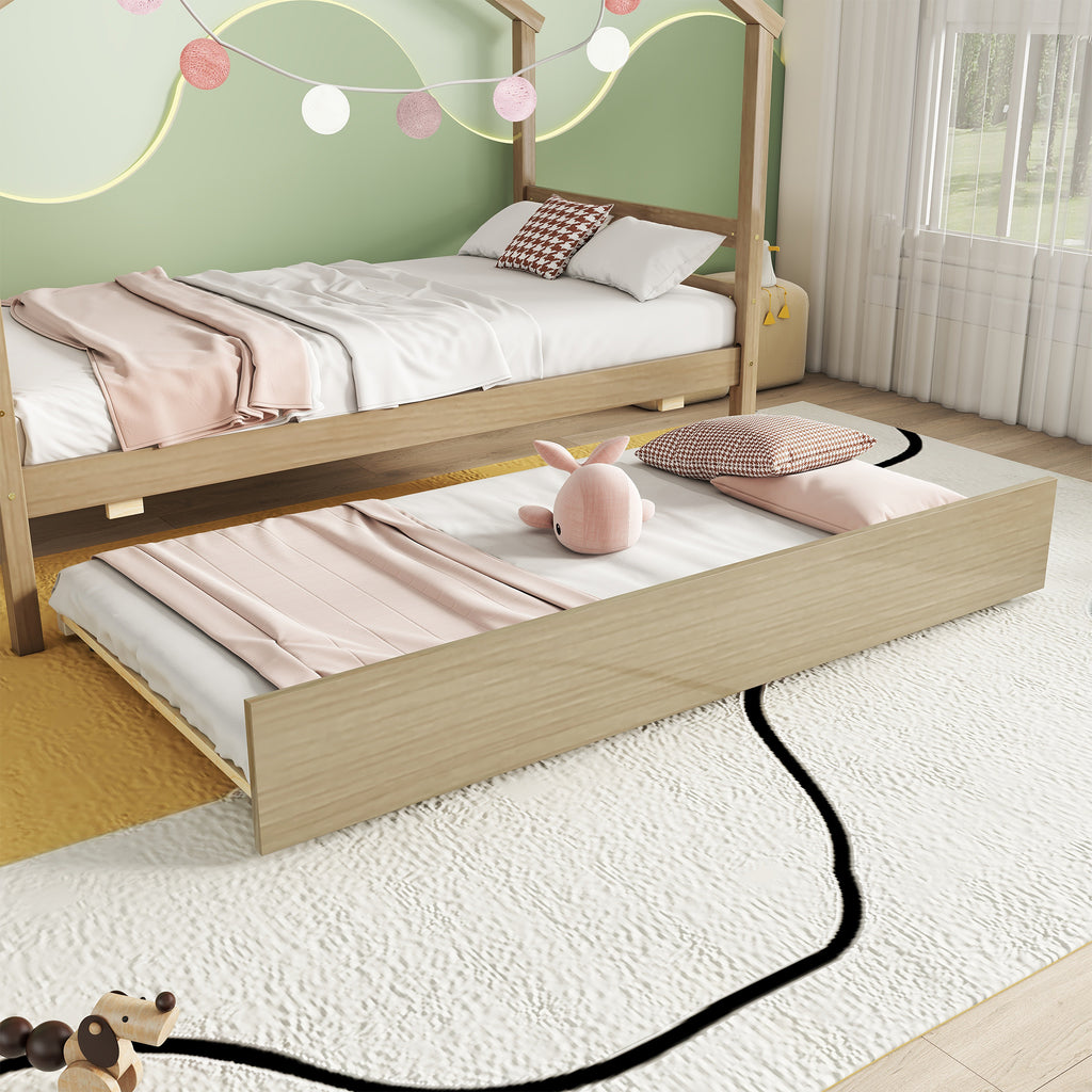 Leoglint Twin Size  House-shaped Bed Frame with Trundle,Natural