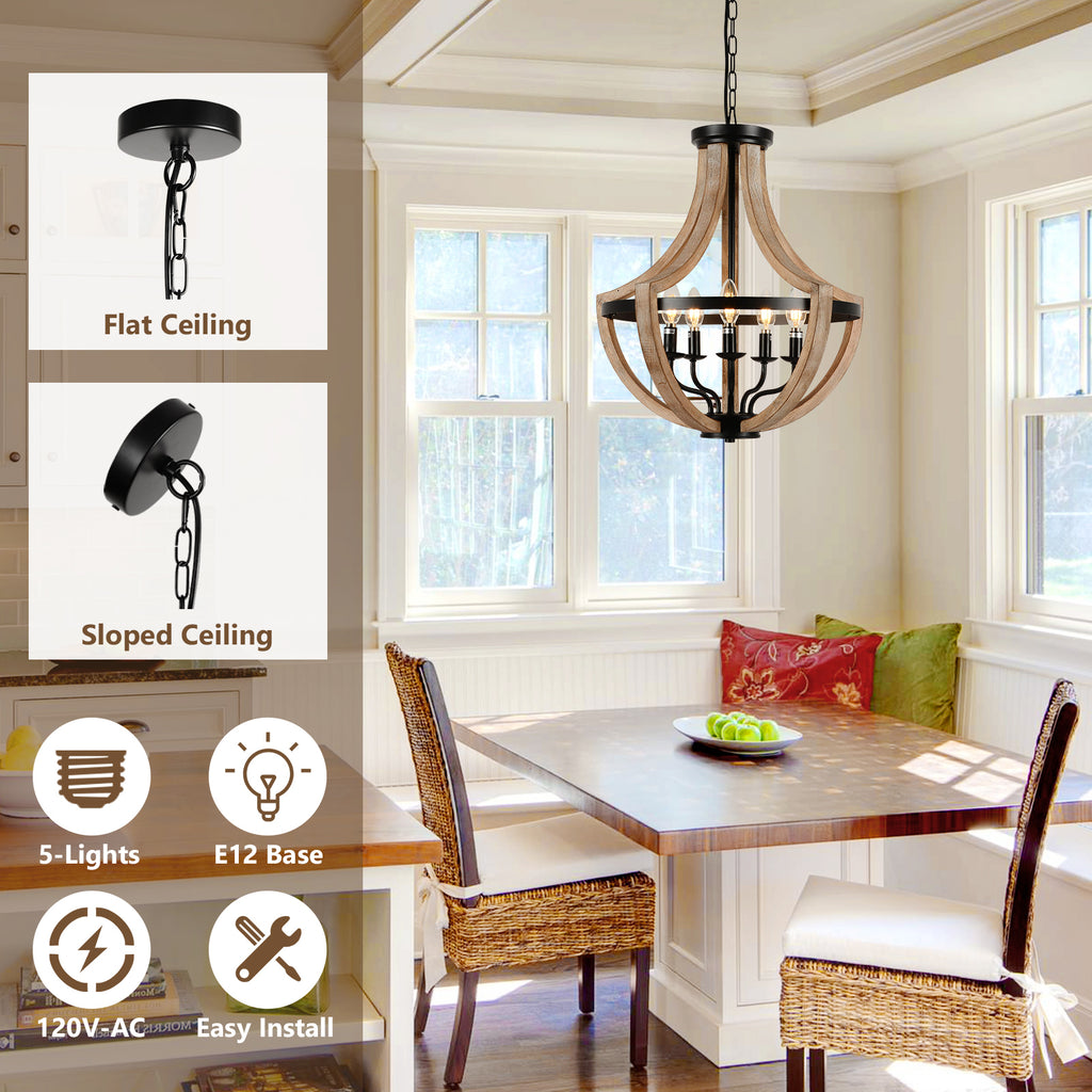 Leoglint Pendant 19" Farmhouse Wood Chandelier Light Fixtures