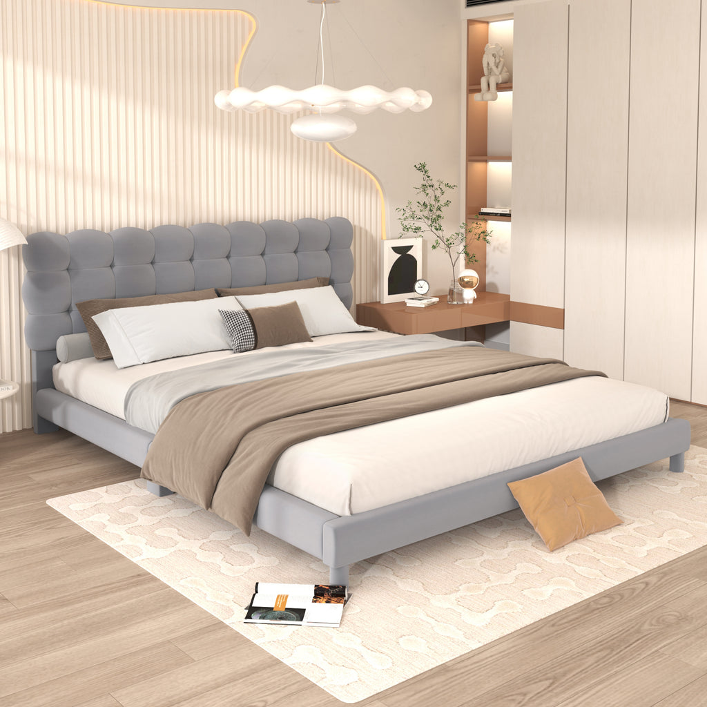 Queen Size Upholstered Platform Bed Frame with Soft Headboard,Gray