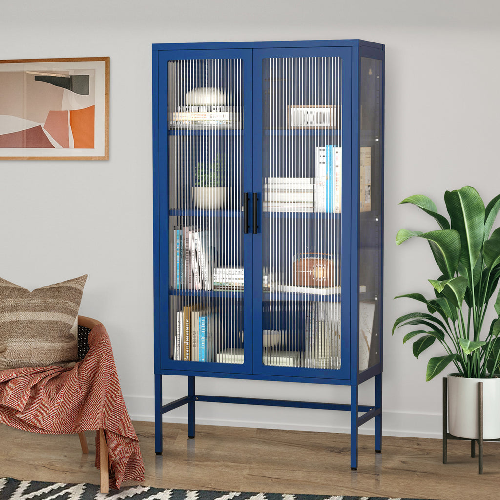 Leoglint Double Glass Door Storage Cabinet with Adjustable Shelves and Feet Cold-Rolled Steel Sideboard Furniture for Living Room Kitchen BLUE