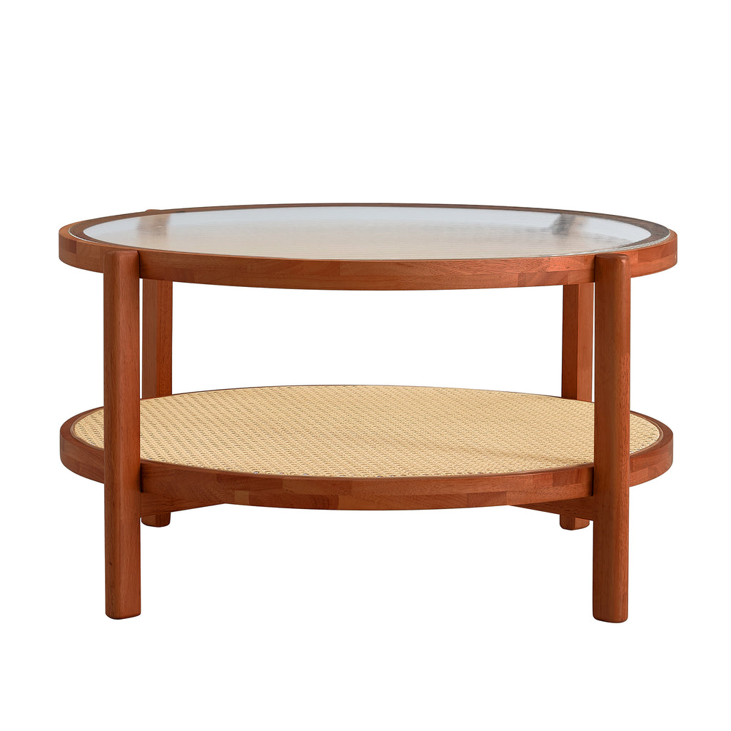 Leoglint Modern minimalist circular double-layer solid wood coffee table, craft glass tabletop, second layer material: PE rattan, solid wood frame. 34.6 '* 34.6' * 17.7''