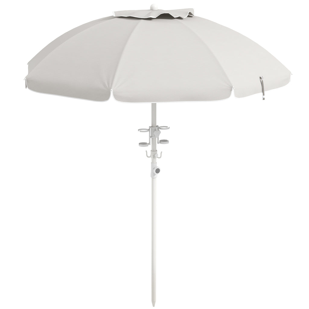 Leoglint 5.7' Portable Beach Umbrella with Tilt, Adjustable Height, 2 Cup Holders & Hooks, UV 40+ Ruffled Outdoor Umbrella with Vented Canopy, Cream White