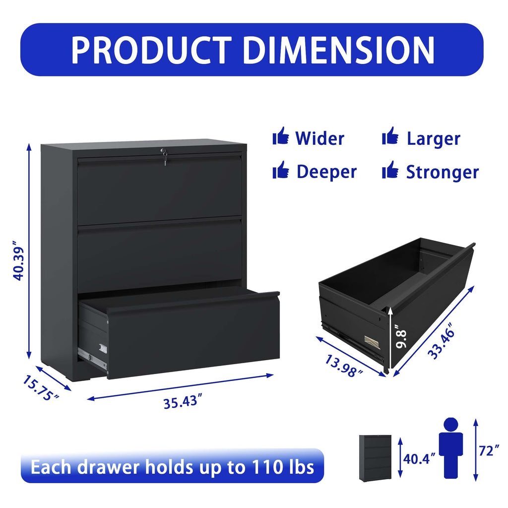 Leoglint Lateral File Cabinet 3 Drawer, Black Filing Cabinet with Lock, Lockable File Cabinet for Home Office, Locking Metal File Cabinet for Legal/Letter/A4/F4 Size