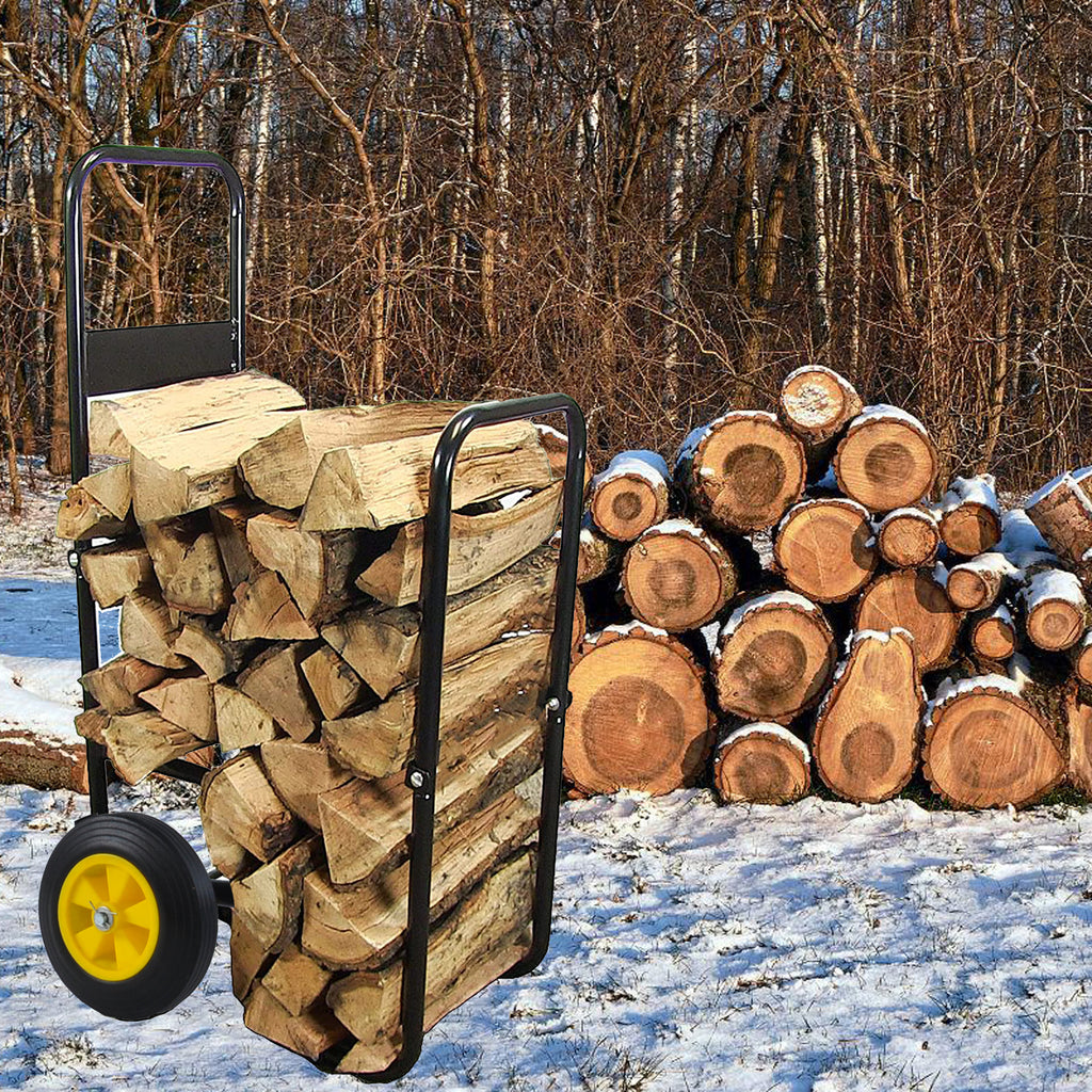 Leoglint Firewood Log Cart Carrier - Outdoor or Indoor Black Steel Wood Rack Storage Mover - Rolling Wheeled Metal Dolly Hauler - Wood Moving Equipment