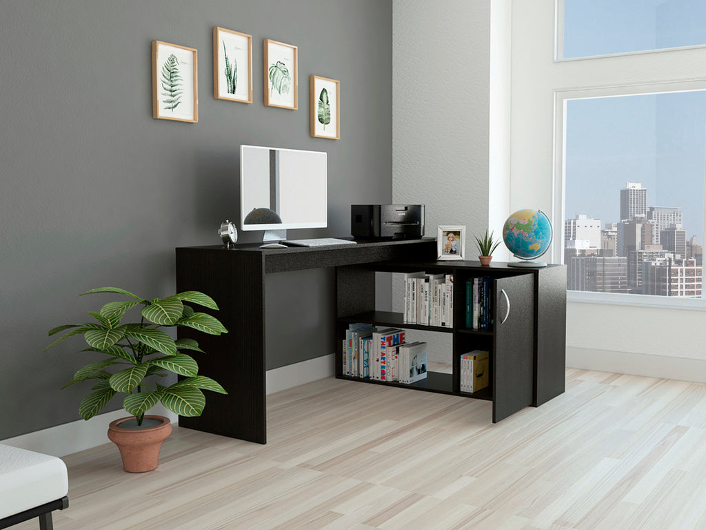 Leoglint Axis Modern L-Shaped Computer Office Desk with Open & Closed Storages -Black