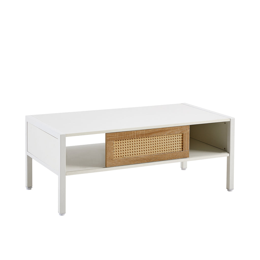 Leoglint 40.16" Rattan Coffee table, sliding door for storage, metal legs, Modern table  for living room , white